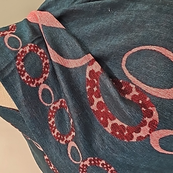 Pashmina And Silk Fringed Teal And Red Printed Scarf/Wrap - OS - Picture 5 of 6